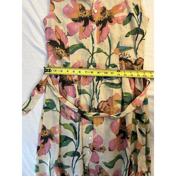 Marisa & Marie Cream Floral Button Up 100% Linen Sleeveless Collar Midi Dress S - Picture 4 of 8